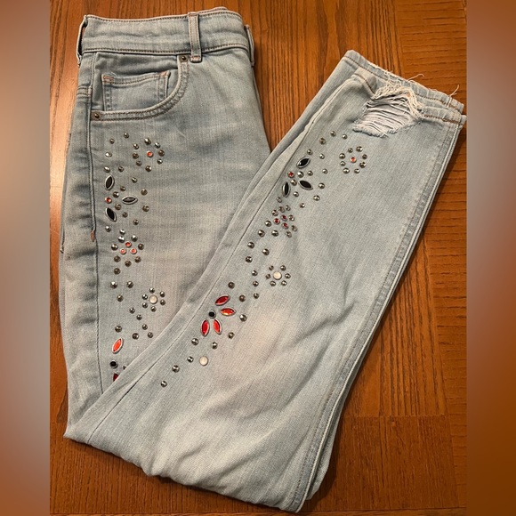 Express Super High Waisted Embellished Ripped Ankle Leggings Jeans Size 2 Short - Picture 7 of 16